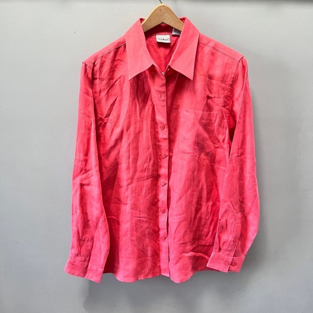 L.L. Bean Pink/Coral Linen‎ Button Down Shirt- Size M